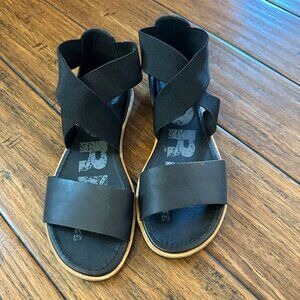 SOREL ELLA Black Leather Gore Straps Women's Flat Sandals